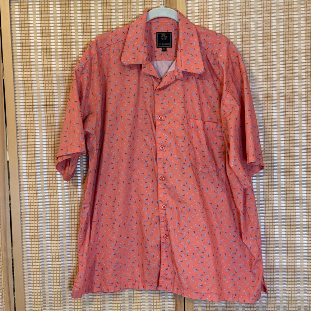 F/X Fusion Mens XL Coral Martini Glass Print Cotton Short Sleeve Camp Shirt
